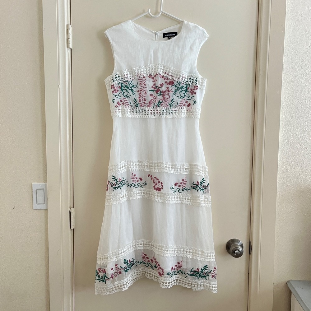 Mooerkerr Women Floral Embroidered Sheer Midi Dress M Lace Boho Cottage Romantic